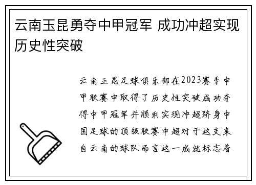 云南玉昆勇夺中甲冠军 成功冲超实现历史性突破