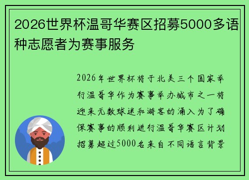2026世界杯温哥华赛区招募5000多语种志愿者为赛事服务